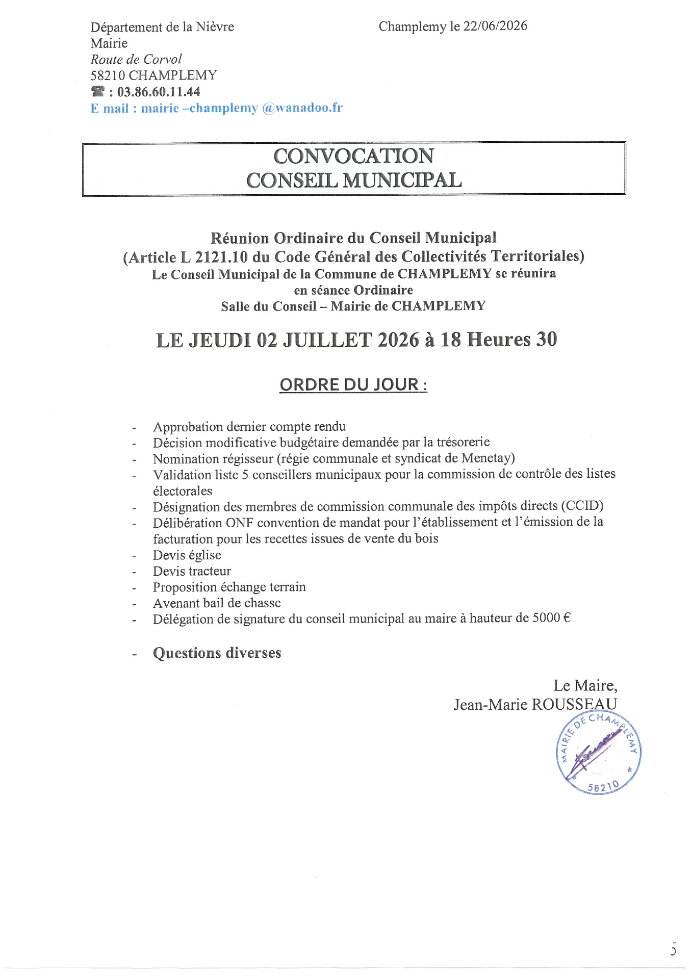 prochaine réunion du conseil municipal le 02 07 2026