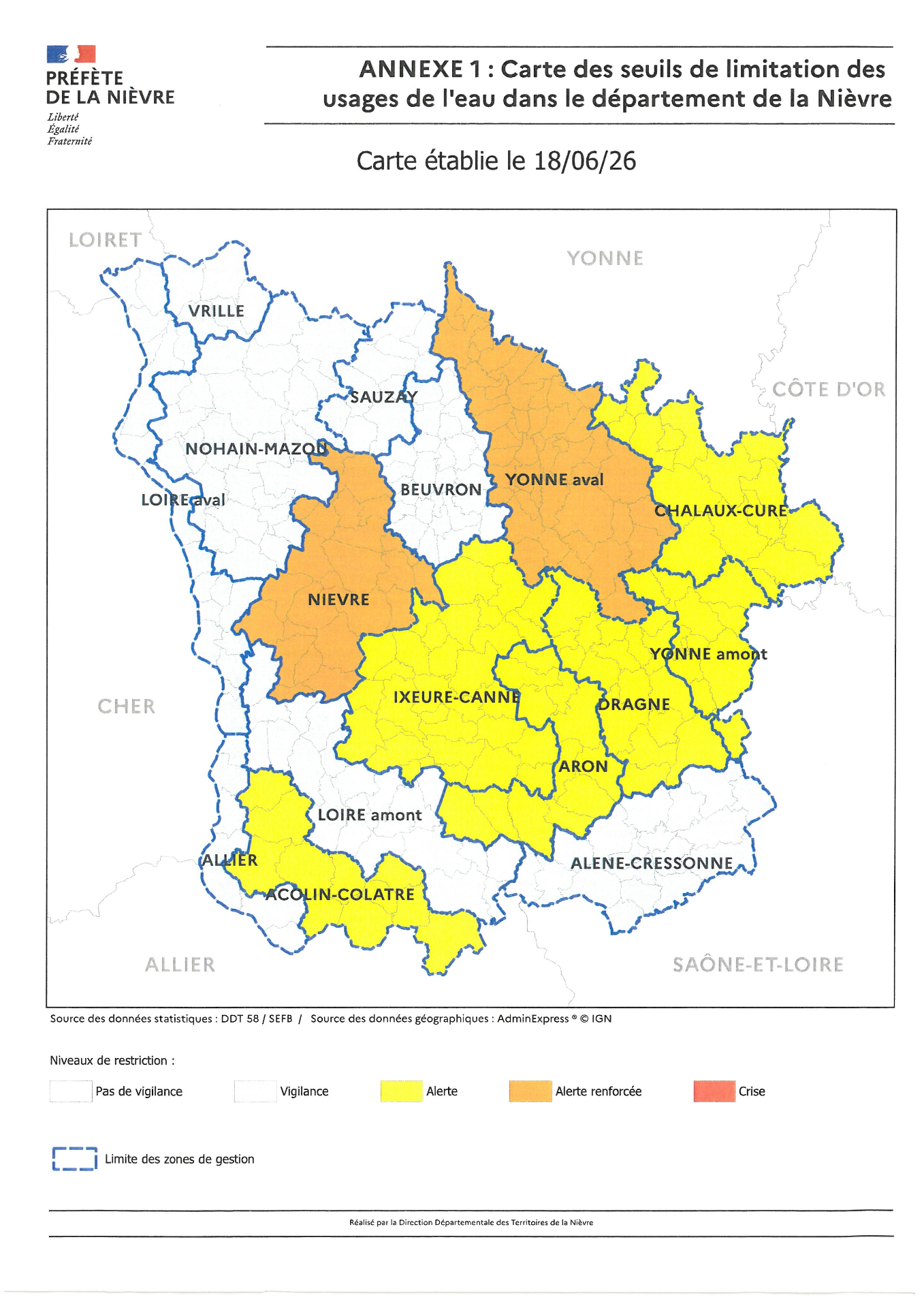 carte des seuils de limitation des usages de l'eau dans le département de la Nièvre