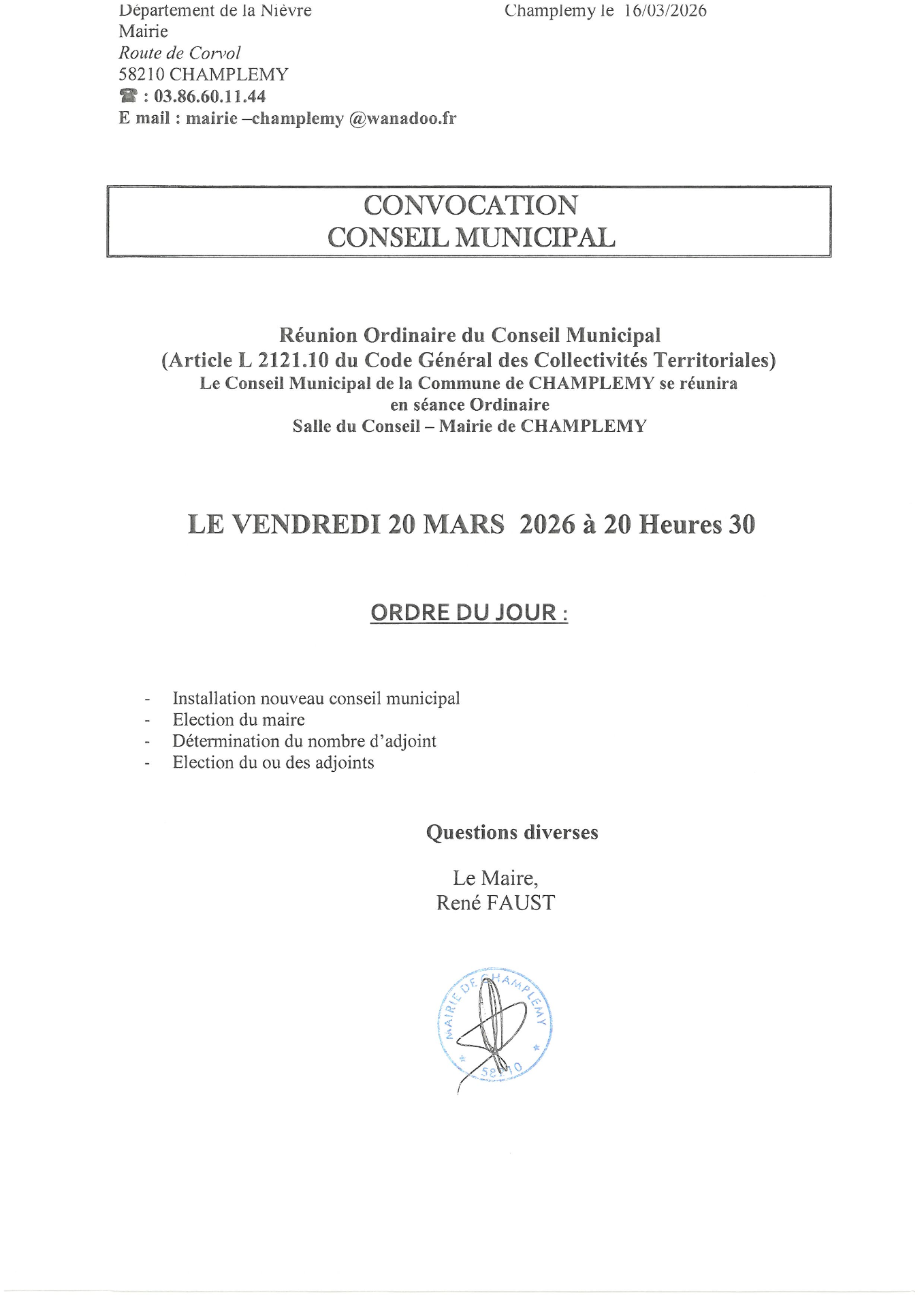 convocation réunion de conseil du 20 03 2026