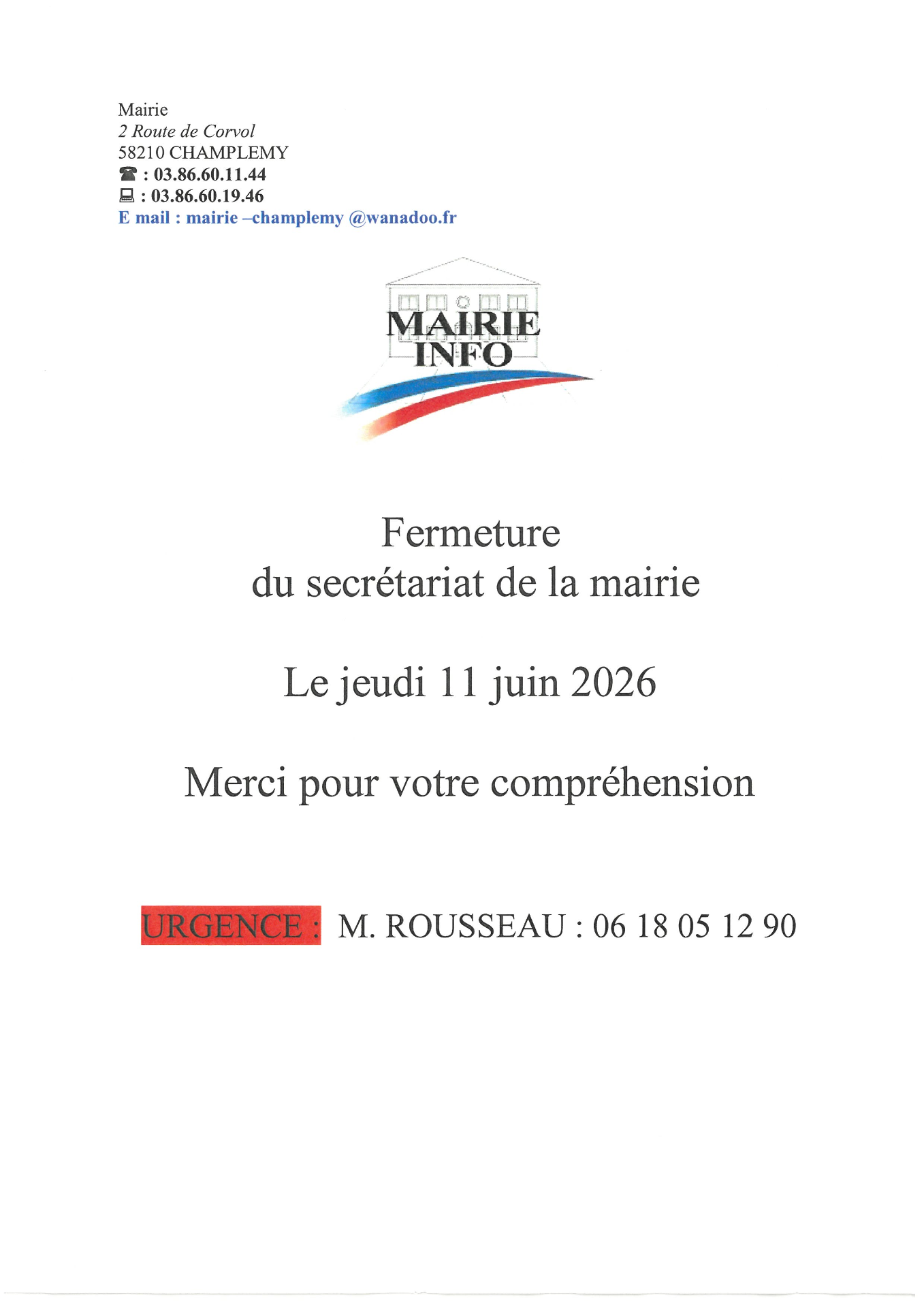 FERMETURE MAIRIE LE 11 06 2026